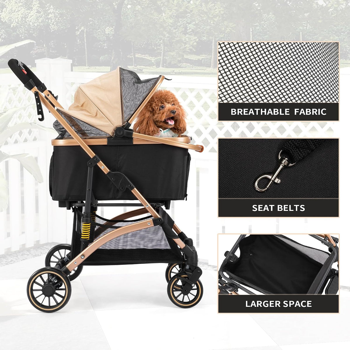 Stylish and Functional Cat Dog Stroller - One-Hand Foldable with 6 Shock Absorbers, Removable Cabin, and Ample Storage in Rose Gold and Black