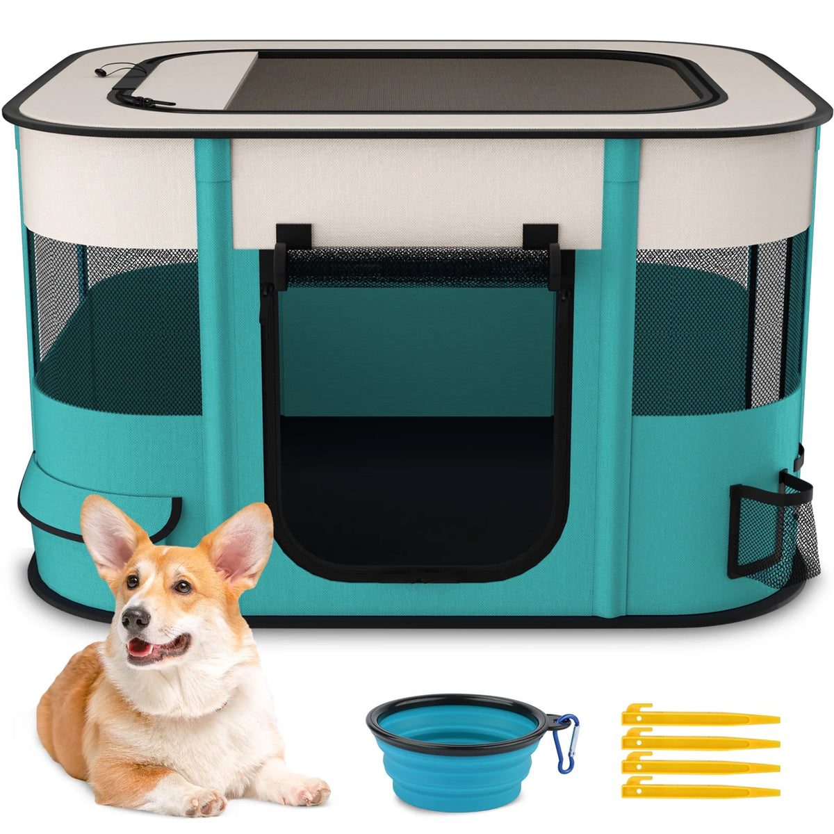 Foldable Portable Pet Playpen for Dogs and Cats - Exercise Kennel Tent with Removable Shade Cover for Indoor and Outdoor Use (Medium)