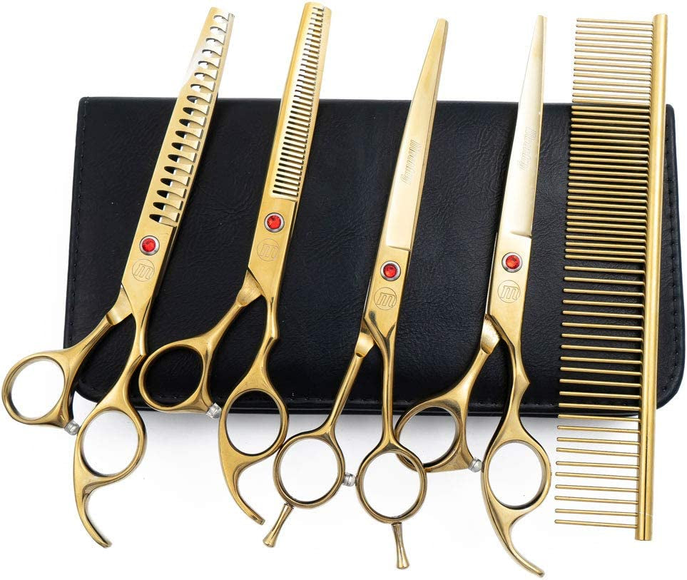 Professional Dog Grooming Scissors Set - 7 Inch and 8 Inch Shears, Curved and Thinning Scissors with Grooming Comb for Pet Grooming