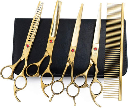 Professional Dog Grooming Scissors Set - 7 Inch and 8 Inch Shears, Curved and Thinning Scissors with Grooming Comb for Pet Grooming