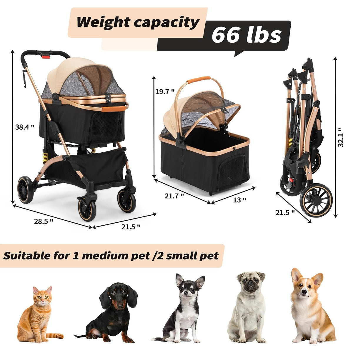 Stylish and Functional Cat Dog Stroller - One-Hand Foldable with 6 Shock Absorbers, Removable Cabin, and Ample Storage in Rose Gold and Black