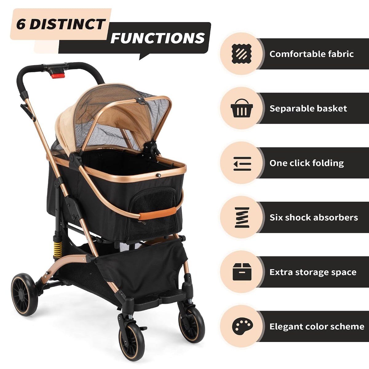 Stylish and Functional Cat Dog Stroller - One-Hand Foldable with 6 Shock Absorbers, Removable Cabin, and Ample Storage in Rose Gold and Black