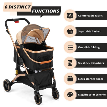 Stylish and Functional Cat Dog Stroller - One-Hand Foldable with 6 Shock Absorbers, Removable Cabin, and Ample Storage in Rose Gold and Black
