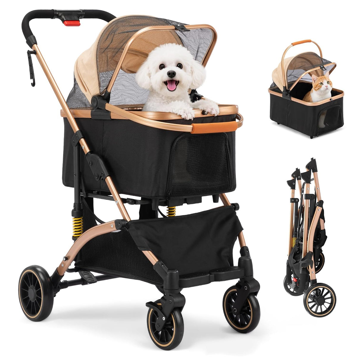 Stylish and Functional Cat Dog Stroller - One-Hand Foldable with 6 Shock Absorbers, Removable Cabin, and Ample Storage in Rose Gold and Black