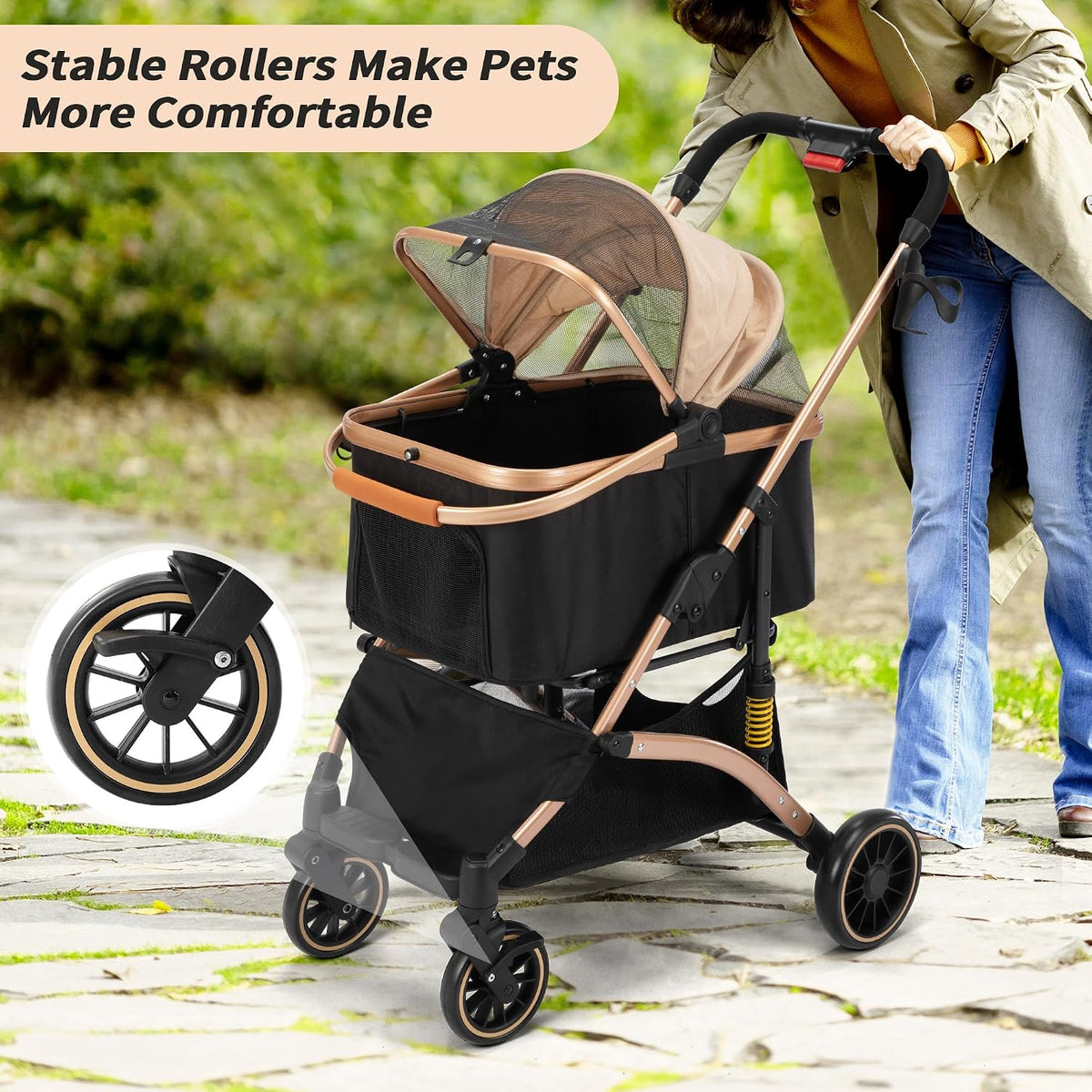 Stylish and Functional Cat Dog Stroller - One-Hand Foldable with 6 Shock Absorbers, Removable Cabin, and Ample Storage in Rose Gold and Black