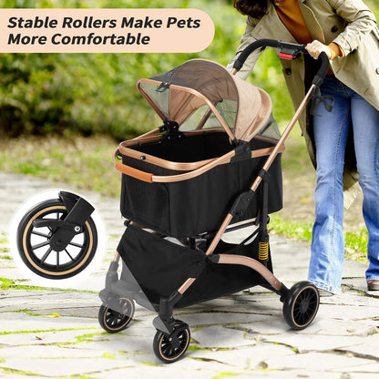 Stylish and Functional Cat Dog Stroller - One-Hand Foldable with 6 Shock Absorbers, Removable Cabin, and Ample Storage in Rose Gold and Black