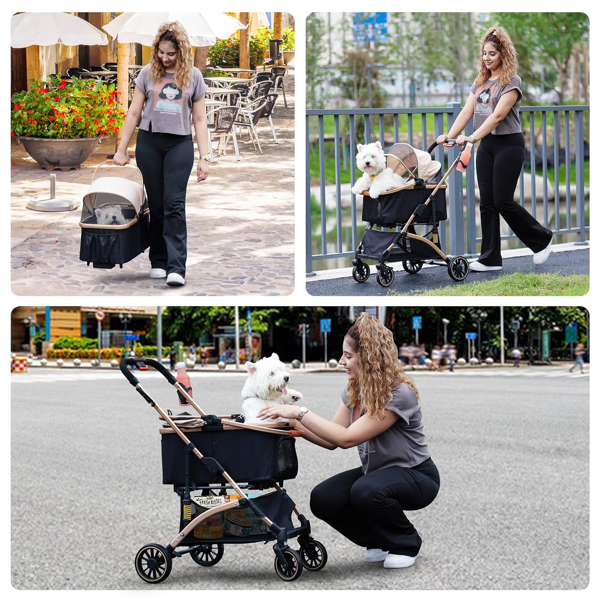 Stylish and Functional Cat Dog Stroller - One-Hand Foldable with 6 Shock Absorbers, Removable Cabin, and Ample Storage in Rose Gold and Black