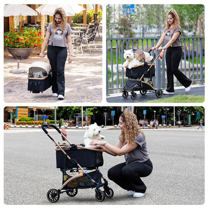 Stylish and Functional Cat Dog Stroller - One-Hand Foldable with 6 Shock Absorbers, Removable Cabin, and Ample Storage in Rose Gold and Black