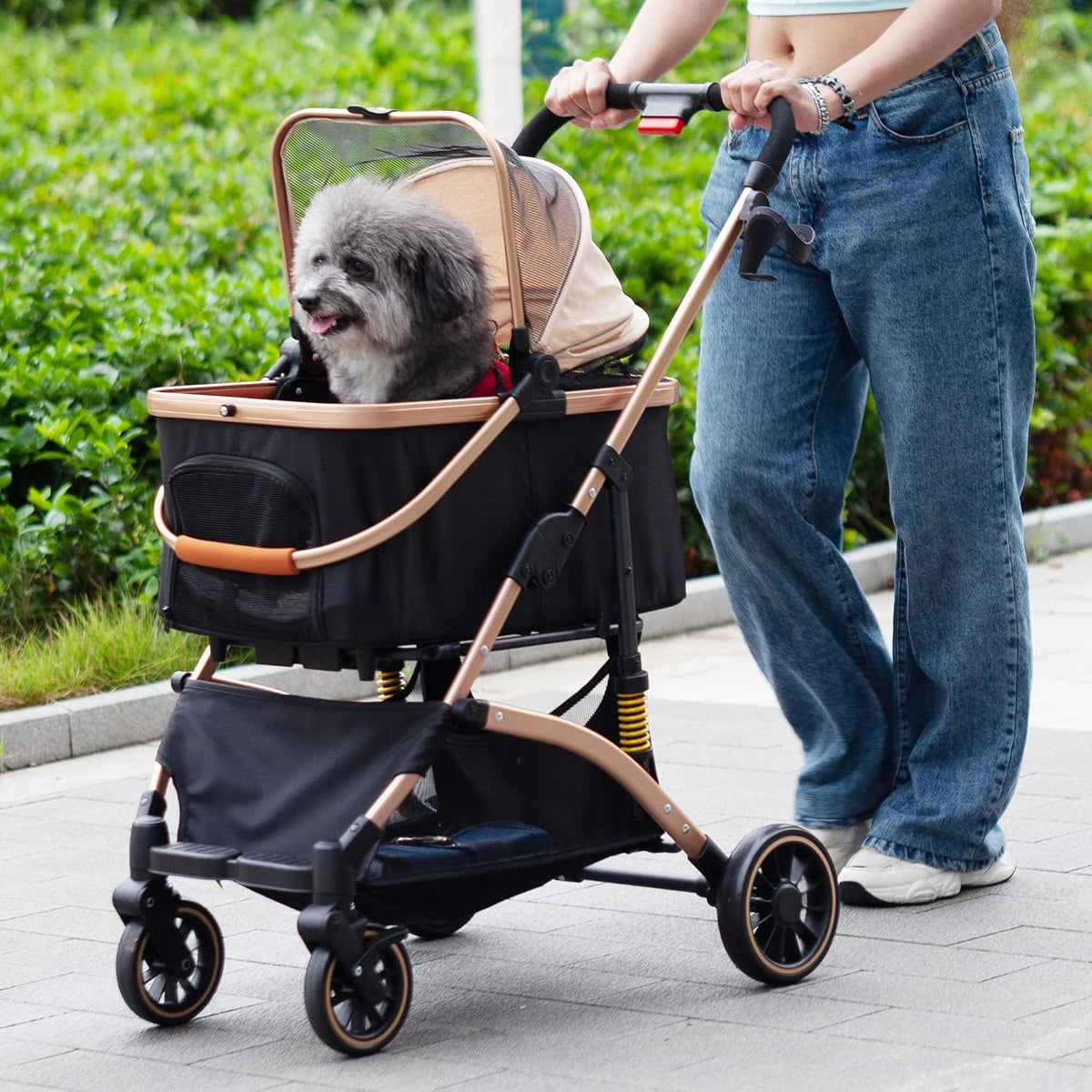 Stylish and Functional Cat Dog Stroller - One-Hand Foldable with 6 Shock Absorbers, Removable Cabin, and Ample Storage in Rose Gold and Black